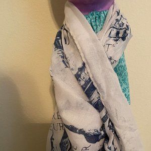 Women's White Sheer Scarf with Blue Paris Theme